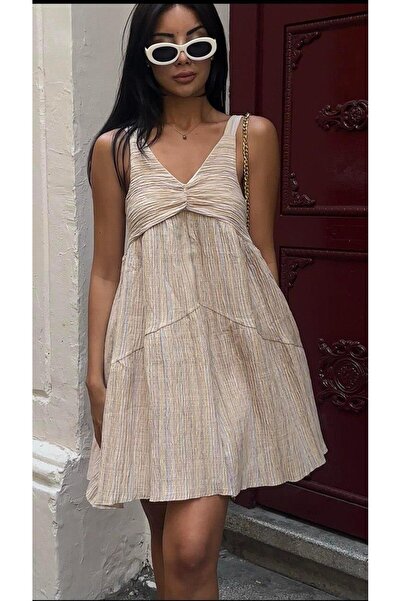 Maldia Shop Kadın Askılı Drape Krem Elbise