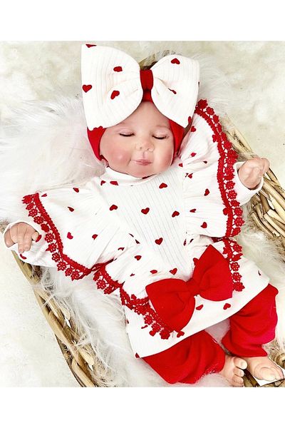 Babydonat Heart Patterned Bow Set of 3 100% Cotton Girls