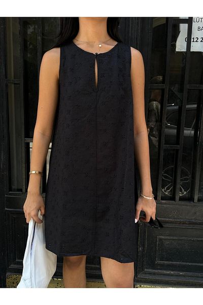 Maldia Shop Black Linen Mini Dress - Scallop Lined