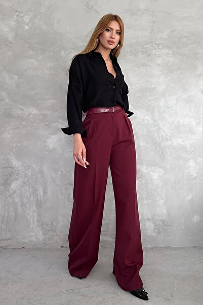 Swana Pantaloni Palazzo din țesătură creponată pentru femei (cureaua neagră e...