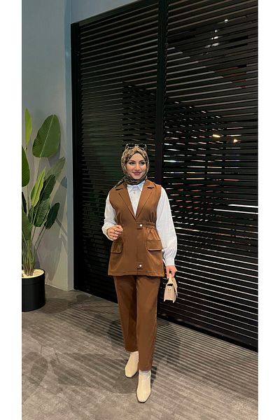 İpli Women's Brown Shirt Pants Vest Triple Set