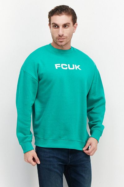French Connection Men Crew Neck Brand Logo Fleece Sweatshirts, Green