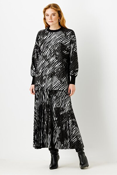 Ghisa Knitwear Detailed Tunic Skirt Set Black Silver Zebra