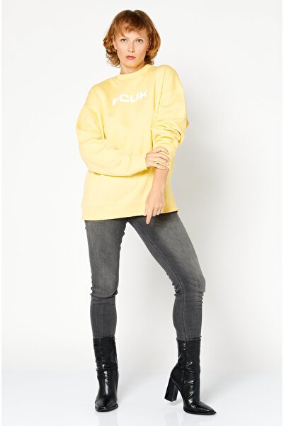French Connection Women Crew Neck Brand Logo Fleece Sweatshirt, Yellow