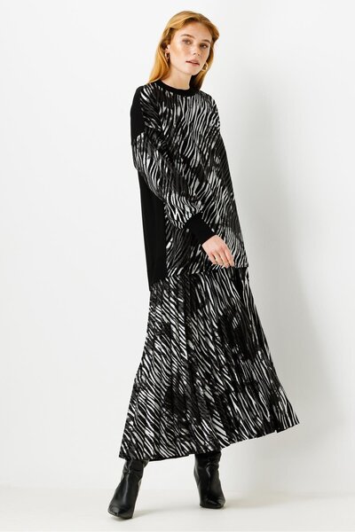 Ghisa Knitwear Detailed Tunic Skirt Set Black Silver Zebra