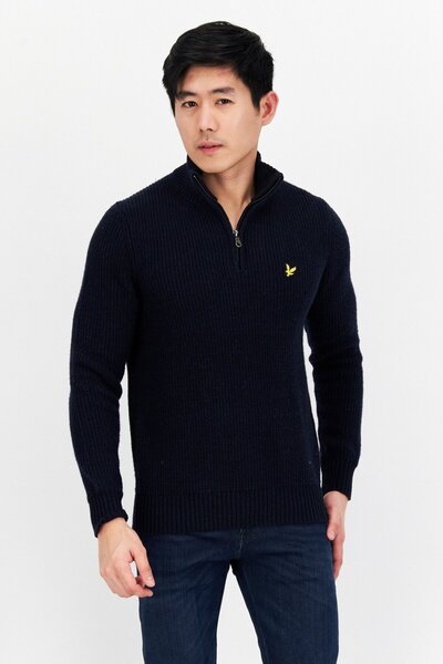 Lyle & Scott سترة رجالي برقبة عالية وشعار العلامة التجارية، أزرق داكن