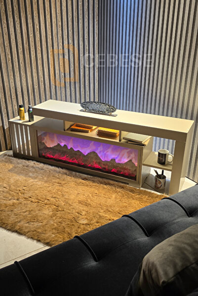 ROZIA Dekoratif Elektrikli Yapay Şömine Ve Tv Ünitesi 160 Cm X 52 Cm ,kumandalı, Bluetooth Ses Bej Rengi