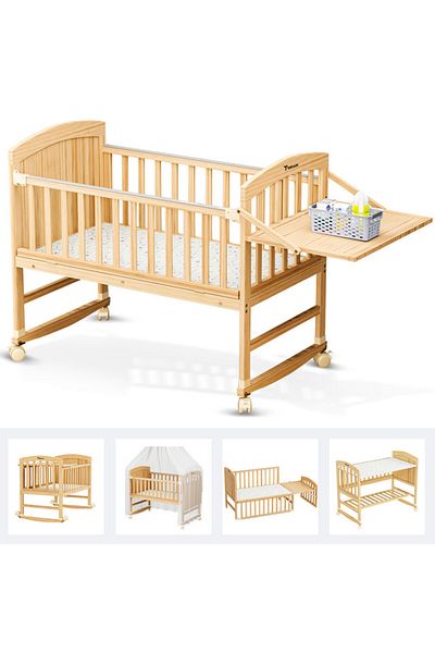 TEKNUM 7 in 1 Convertible Kids Bed & Bedside Crib w / Mattress, Mosquito net(0 - 12yrs) - Natural Wood