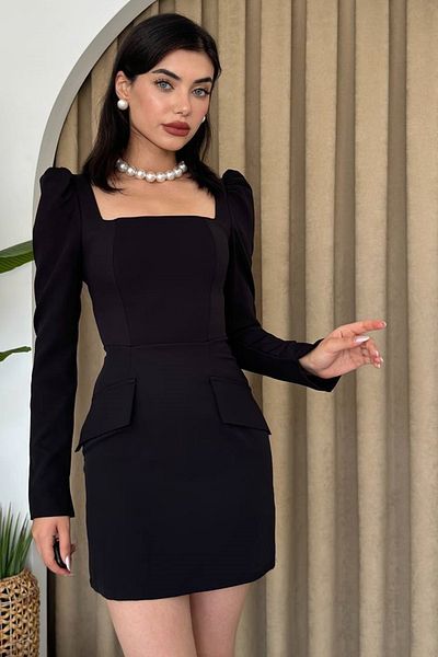 barış sülün lovebox Rochie neagră mini Atlas cu mâneci prințesă cu gât pătrat - 310
