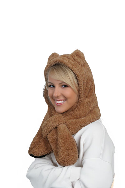 İpek Tekstil Winter Bear Hat Kerchief Versatile Cute Plush Ear Protection Scarf