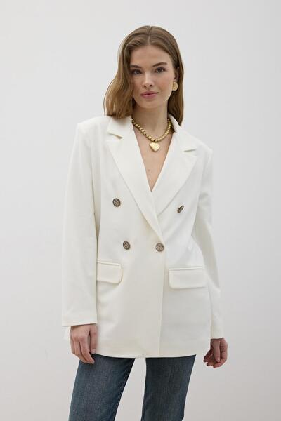 LEVURE Önü Düğme Detaylı Omzu Vatkalı Blazer Ceket BEYAZ