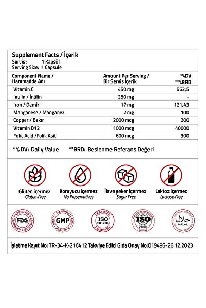 Validus 90 كبسولة - حديد 17 ملغ، فيتامين سي 450 ملغ، إينولين 250 ملغ، فيتامين ب12 1000 ملغ