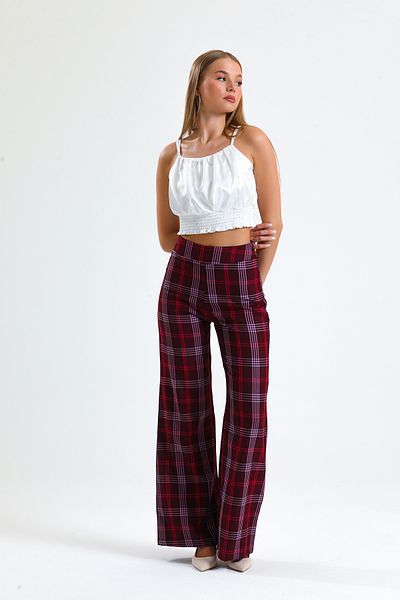 Sense Side Zipped Plaid Trousers| Pnt31718 Claret Red