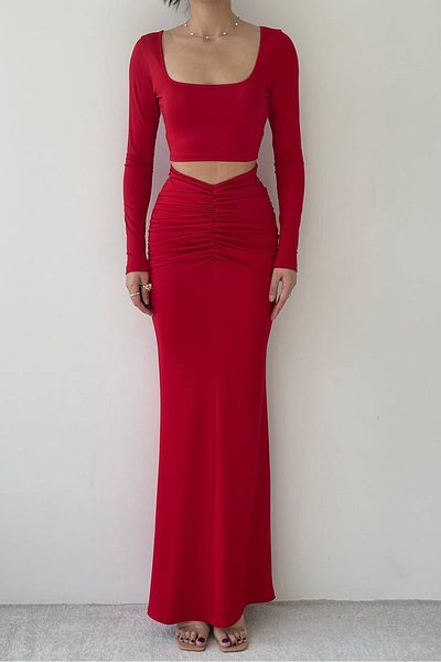 bayansepeti Sandy Red Crop blúz és maxi szoknya szett - U-nyakú, magas derék, húzózsinóros kivitel 312