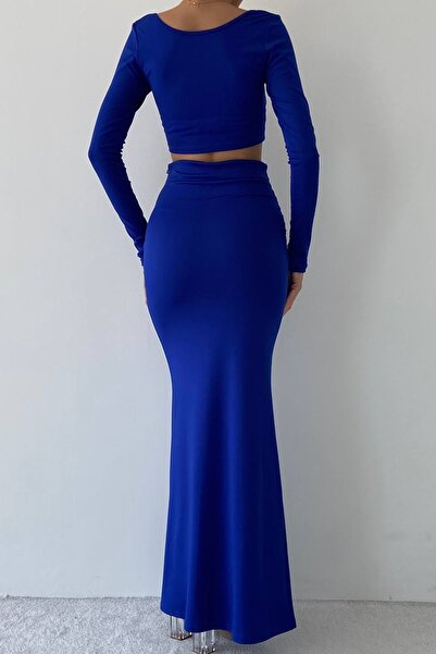 WOMAN VISION Saks Blue Crop blúz és magas derekú maxi szoknya - Sandy Fabric, U-nyak 312