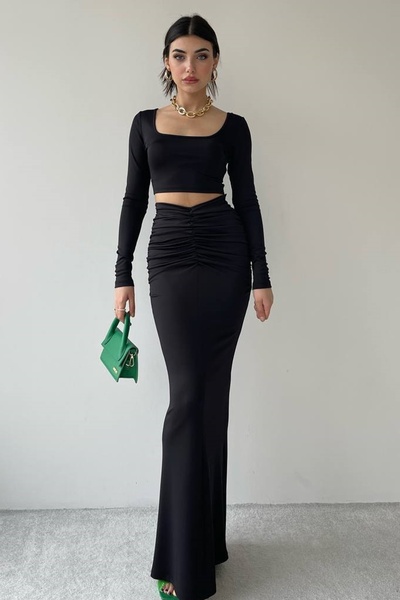 barış sülün lovebox Kadın Esnek Sandy Kumaş U Yaka Crop Bluz Yüksek Bel Büzgü Detay Maxi Etek Siyah İkili Takım 312