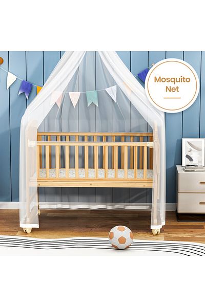 TEKNUM 7 in 1 Convertible Kids Bed & Bedside Crib w / Mattress, Mosquito net(0 - 12yrs) - Natural Wood