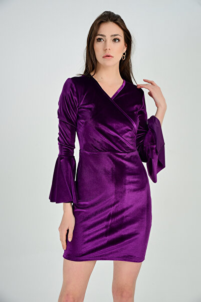 Sense Abiye Elbise - Kruvaze Kollar Volanlı Kadife Abiye Elbise | Elb31867 Mor
