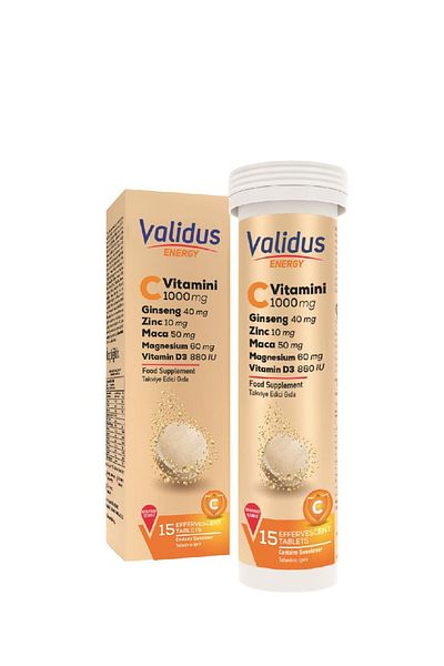 Validus فيتامين سي للطاقة 1000 ملغ + الجينسنغ + الزنك + الماكا + فيتامين د3 + المغنيسيوم - 15 قرصًا مرقئًا