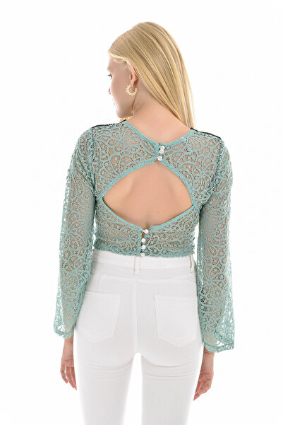 Sense Βραδινό φόρεμα με πράσινη δαντέλα με λεπτομέρεια ισπανική μπλούζα