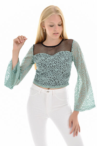 Sense Βραδινό φόρεμα με πράσινη δαντέλα με λεπτομέρεια ισπανική μπλούζα