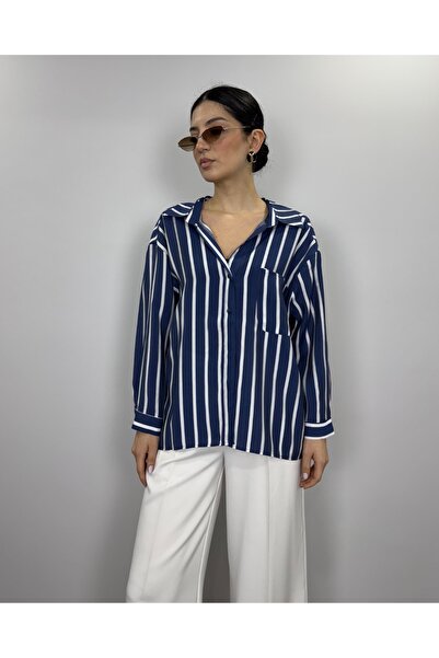 deqfashion Lacivert Çizgili Modal Kumaş Oversize Salaş Gömlek