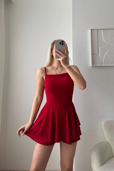 MOZENA Back Low-Cut Strap Shorts Dress