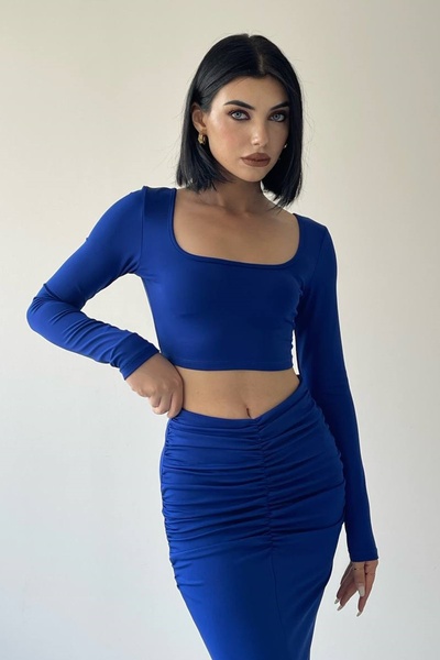 barış sülün lovebox Bluză și fustă maxi din țesătură nisipoasă - talie înaltă, detaliu cu șnur, set din două piese Saks Blue 312