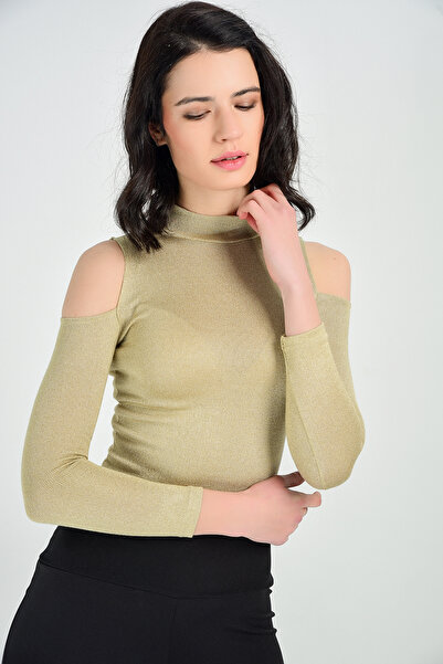 Sense Shoulder Basses Open Turtleneck Blouse| Blz14344 Beige