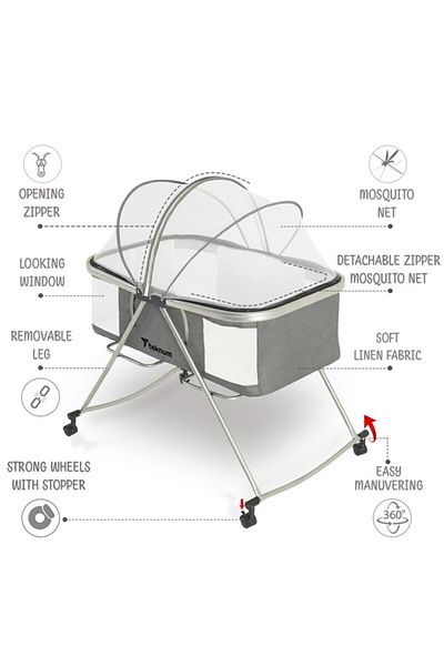 TEKNUM 3 - IN - 1 Baby Cot / Cradle w / Mosquito net & Wheels - Dark Grey