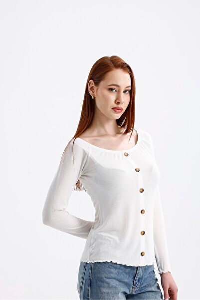 Miss Murem Boat Neck Button Front Blouse-White
