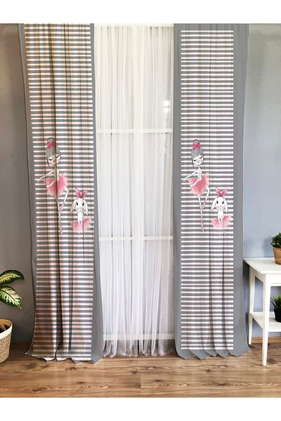 Lolla Ballerina Girl and Rabbit Gray Background Curtain 49