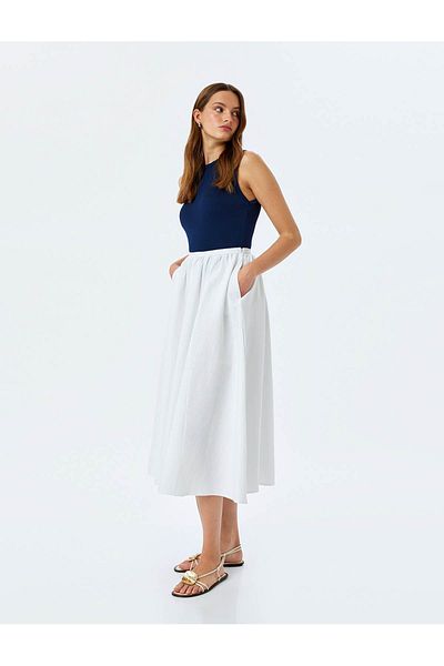 Koton Elastic Waist Cotton A-Line Long Bell Skirt