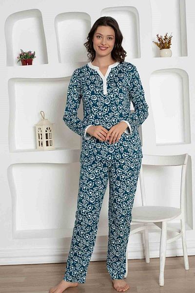 bie's Women's Flower Pattern V Open Collar Buttonless 100% Cotton Combed Thin Summer Long Sleeve Pajamas Set