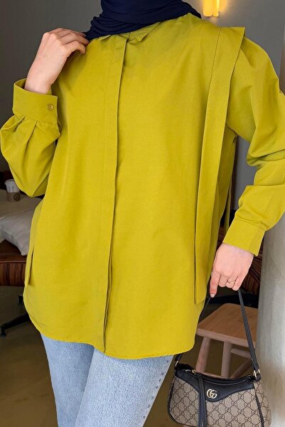 lamelif Λεπτομερές πουκάμισο Hijab με βάτα ώμου Λαδί πράσινο