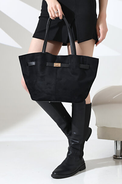 themoiss Black Suede Belt Detailed Extra Strap Hand, Arm and Shoulder Bag, Su...