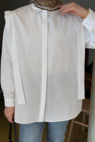 lamelif Λευκό πουκάμισο με λευκό ώμο με λεπτομέρειες