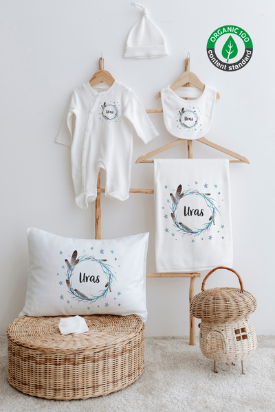 Lilabio %100 Organik Isme Özel Isimli 6lı Hastane Çıkışı Tulum Set Kuş Tüyü