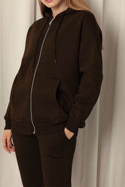 ruNadeS Women's Brown Hood Printed 3 Thread Oversize Fleece Jacket - Cardigan