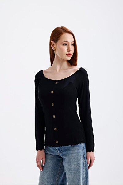 Miss Murem Boat Neck Button Front Blouse-Black