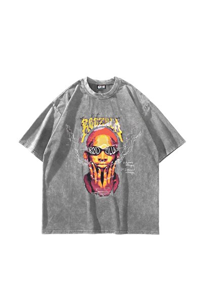 Bak Moda Tricou alb lavabil unisex oversize cu imprimeu Rodzilla