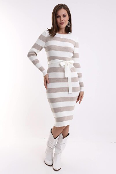 Irmak Kerekli Ribbed Crew Neck Striped Knitwear Dress 5080 Ecru-Camel