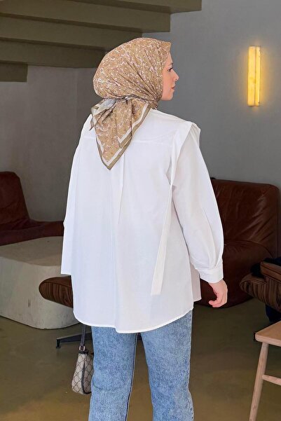 lamelif Λευκό πουκάμισο με λευκό ώμο με λεπτομέρειες