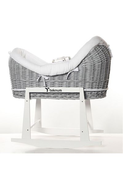 TEKNUM Infant Wicker Pod Moses Basket with White Waffle Beddings & White Rocker Stand - Wooden Grey