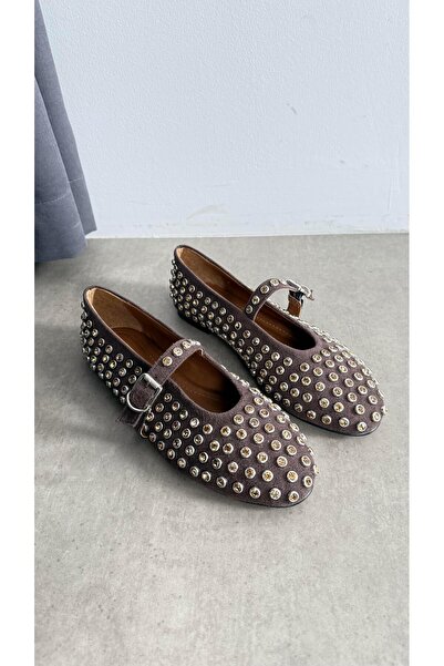 Eataly Shoes Μπαλαρίνες Disco Suede σε ανοιχτό καφέ χρώμα με πέτρες