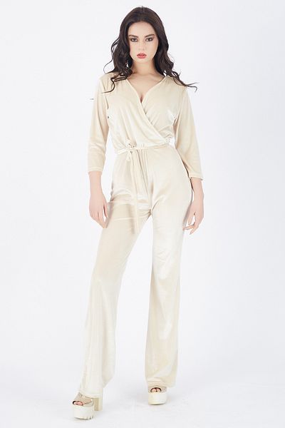 Sense Double-breasted Velvet Jumpsuit with Kusak| Tlm31799 Beige