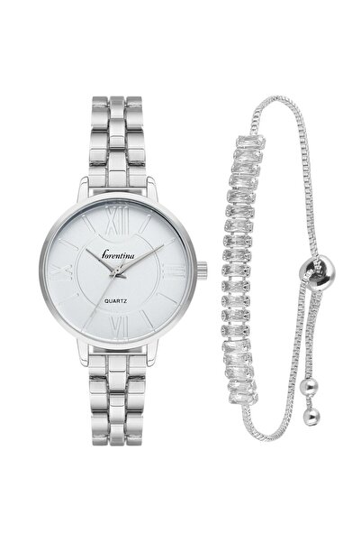 Forentina Gri Metal Kol Saati-Baget Bileklik Kombin Set PS3926