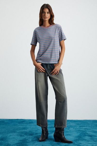 GRIMELANGE Elera Women's 100% Cotton Striped Round Neck Blue / Patterned T-Shirt