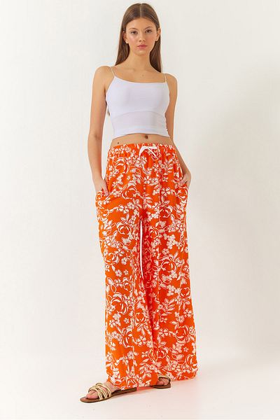 Bianco Lucci Women's Elastic Waist Tie Patterned Pocket Viscose Palazzo Trousers 60261433