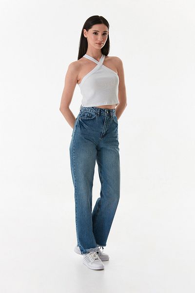 Fulla Moda Blugi cu talie înaltă cu detaliu rupt la picior